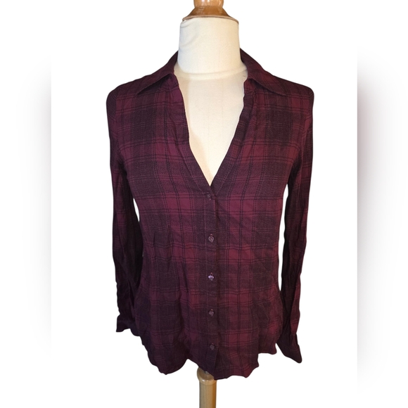 PAIGE Tops - Paige Plaid Button-Up Burgandy Soft Long Sleeve Shirt V Neck